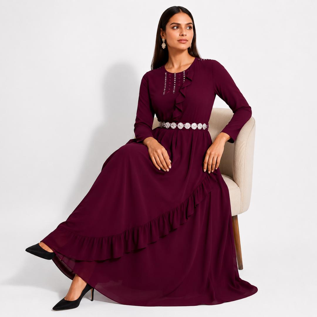 Wine Ruffle Detail Maxi Gown