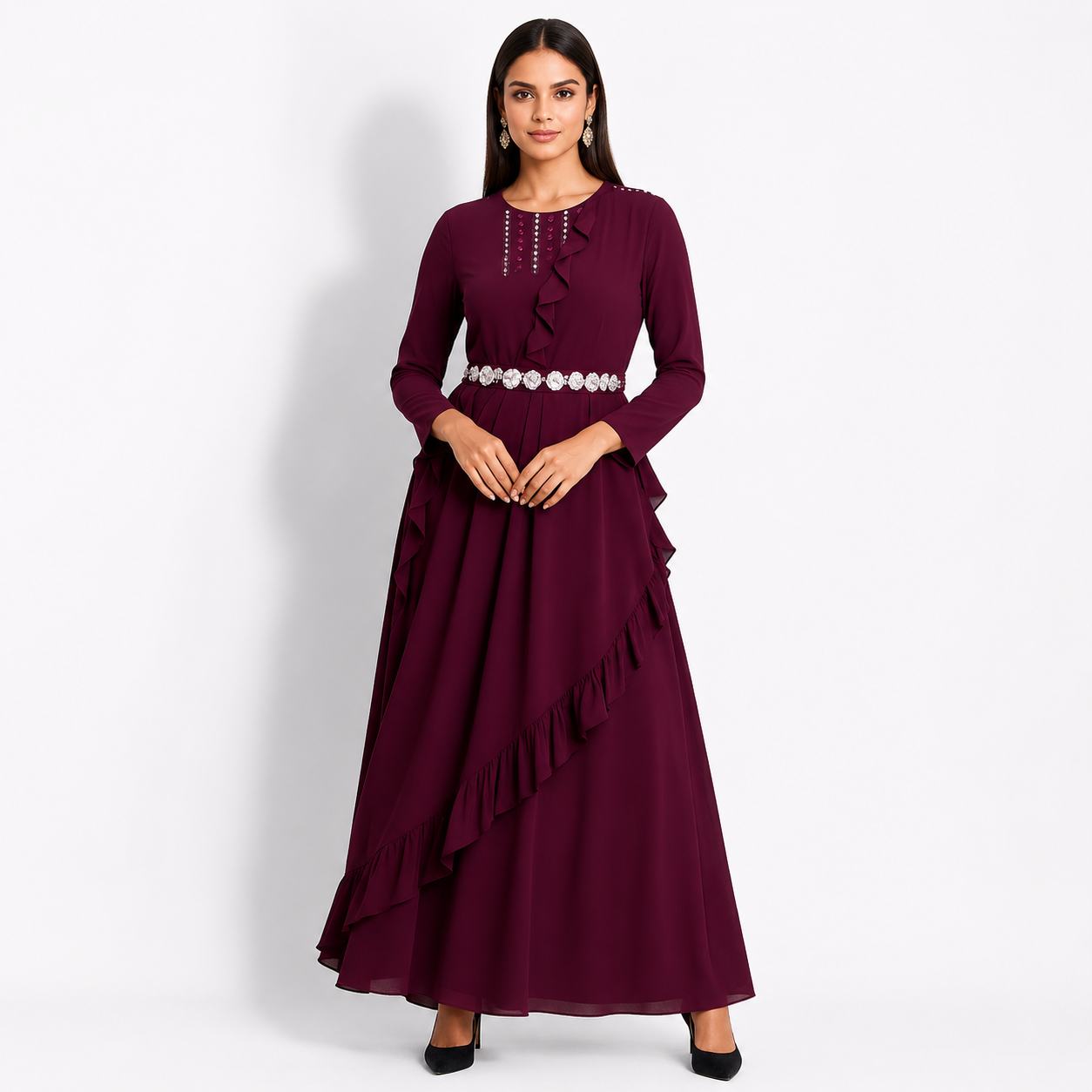 Wine Ruffle Detail Maxi Gown