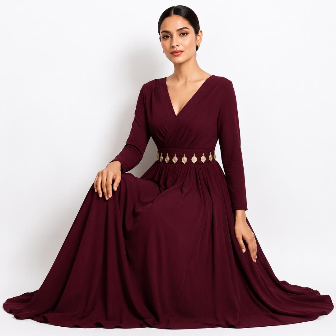 Wine Wrap Neck Elegant Maxi Gown