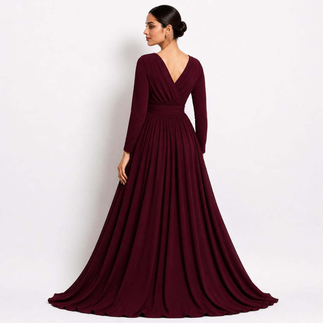 Wine Wrap Neck Elegant Maxi Gown