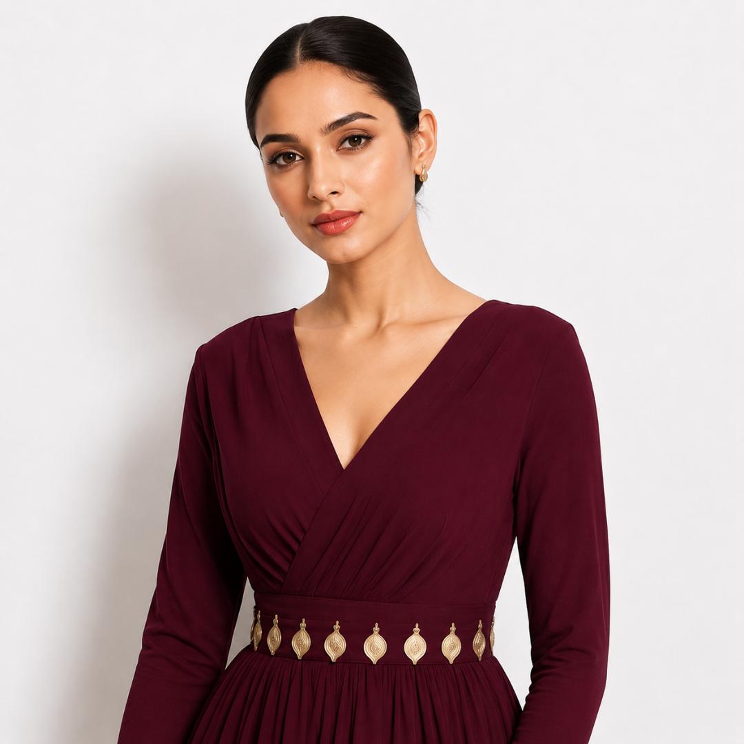 Wine Wrap Neck Elegant Maxi Gown