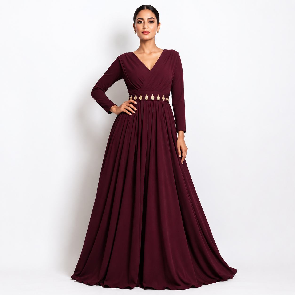 Wine Wrap Neck Elegant Maxi Gown
