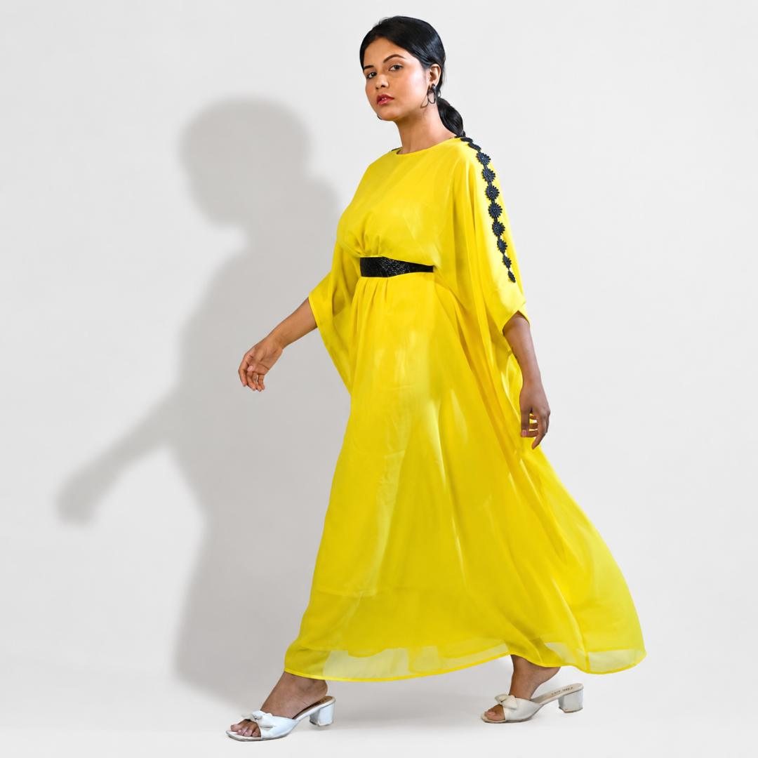 Yellow  Kaftan with Black Belt Detail