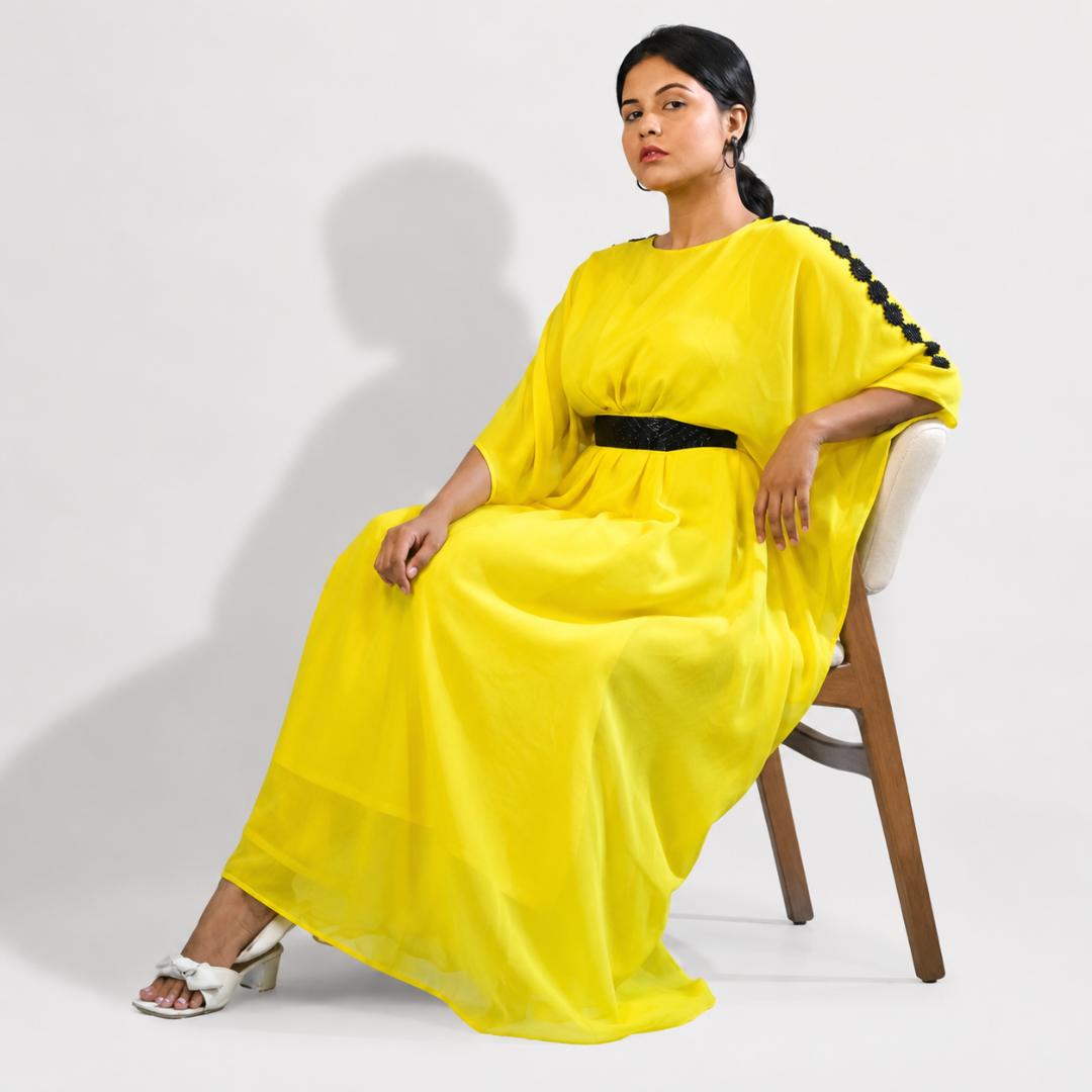 Yellow  Kaftan with Black Belt Detail