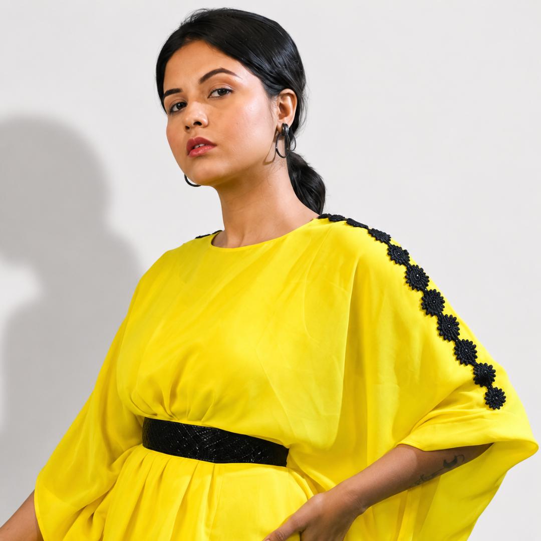 Yellow  Kaftan with Black Belt Detail